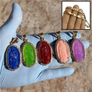 18K Gold Plated Figaro Chain Virgen de Guadalupe Holy Mary Simulated CZ 5.8M 20"